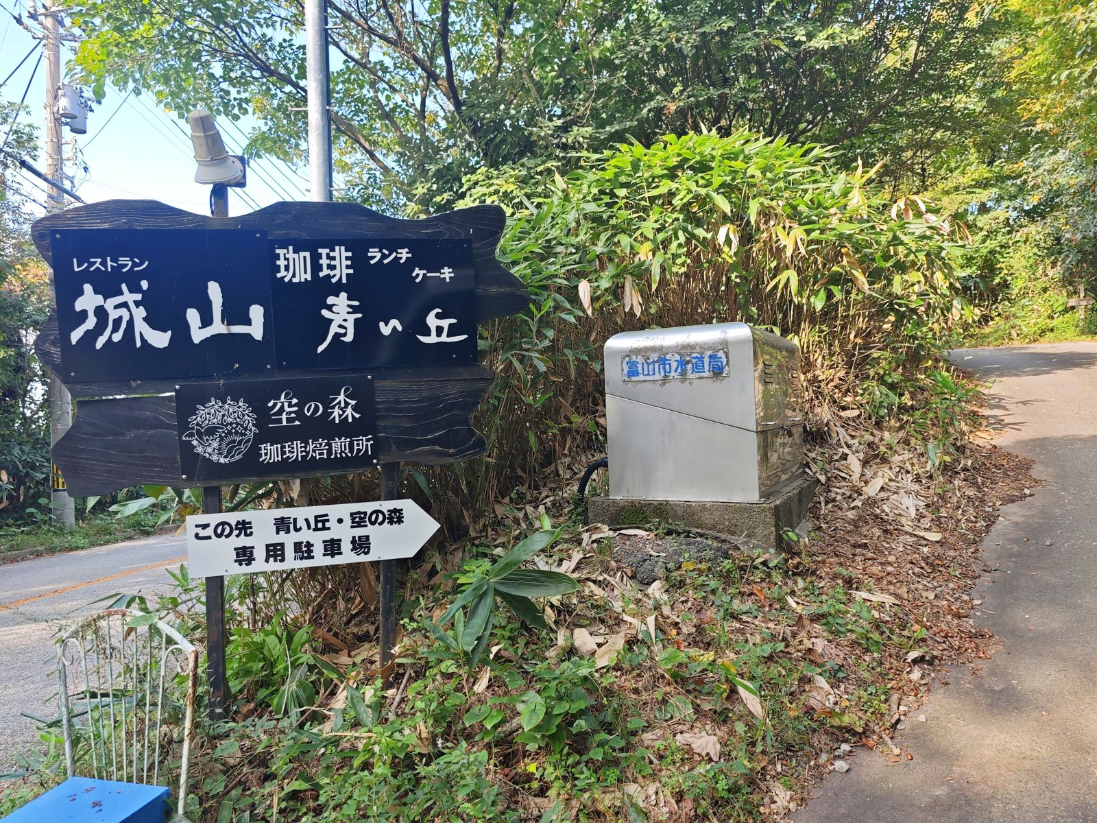 道路わきの青い丘・城山の看板