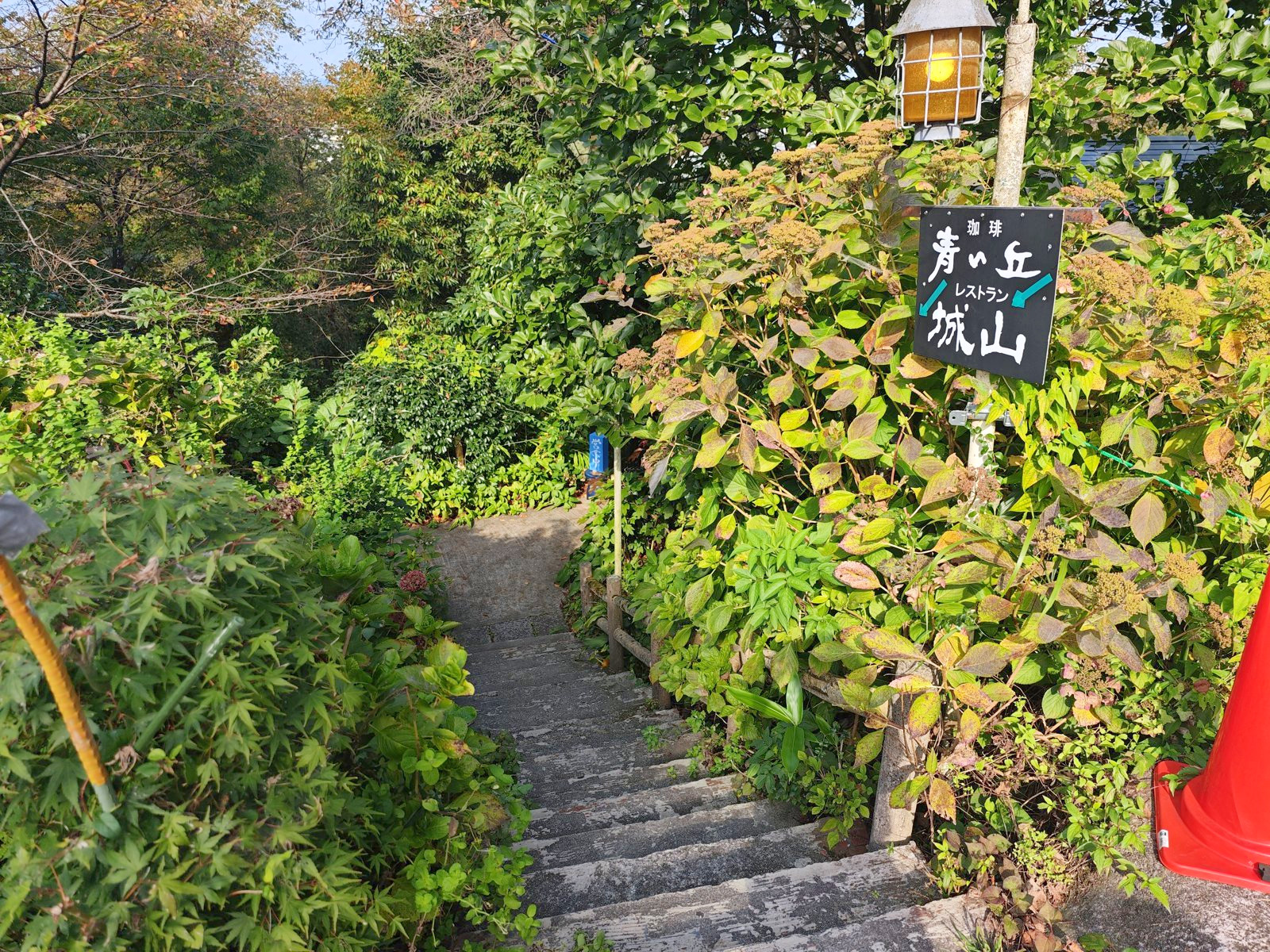 お店へ上がる石の階段と看板