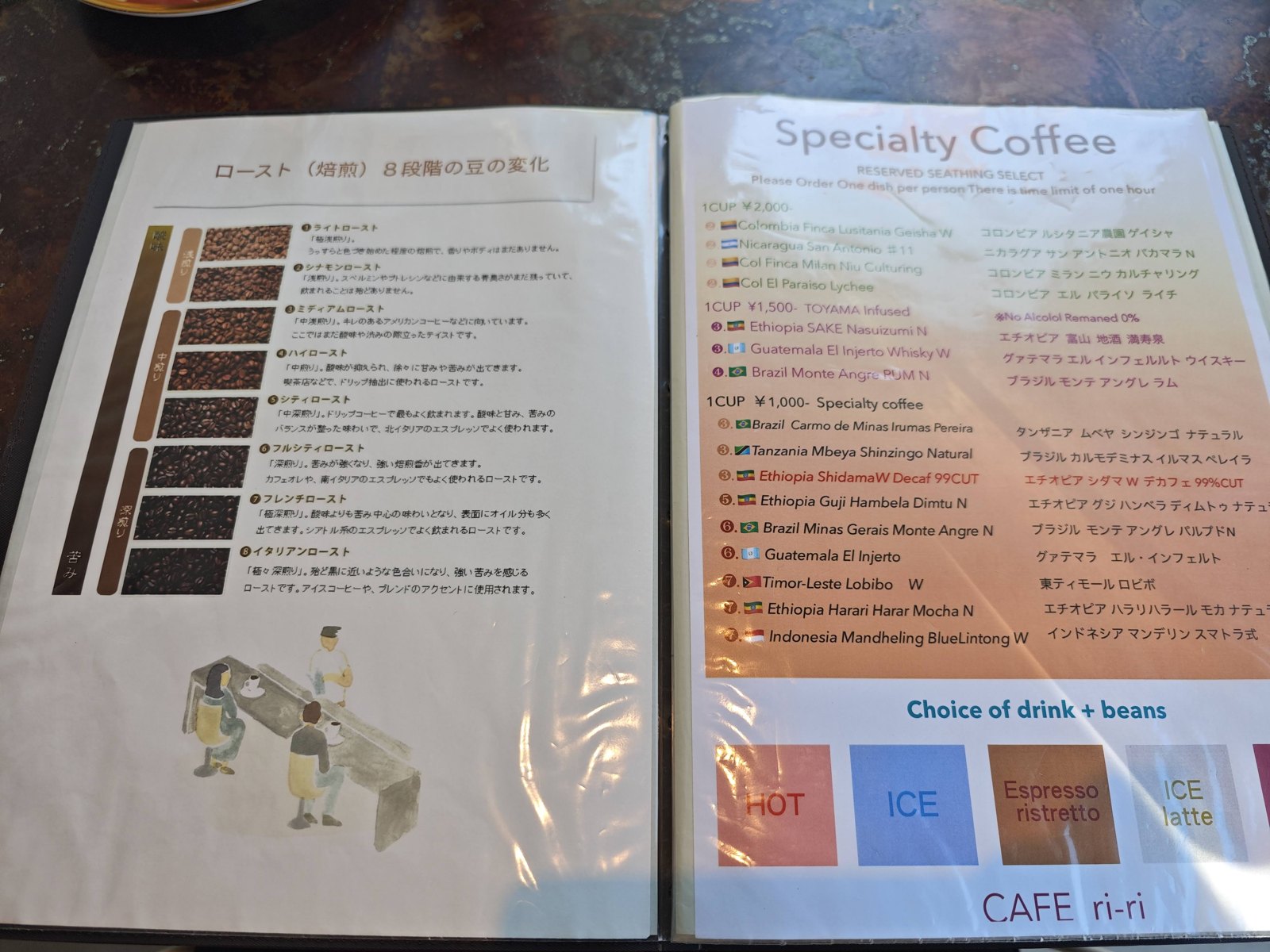 Cafe ri-riのスペシャルティコーヒーのメニューと焙煎の段階表