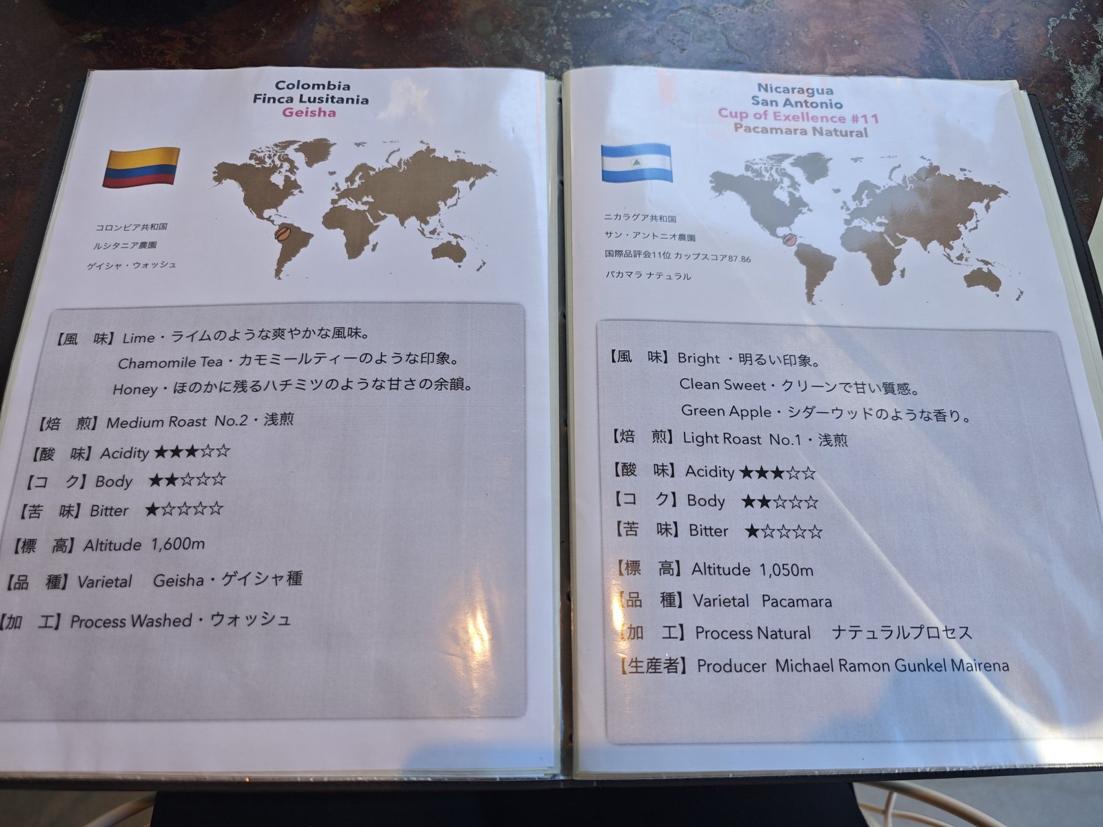 コロンビア・ニカラグアの豆の説明